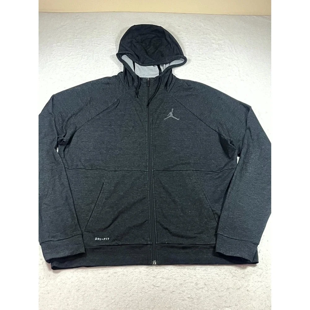 Jordan Dri Fit Hoodie Mens XL Charcoal Gray Full Zip Jumpman Logo Raglan Sleeve